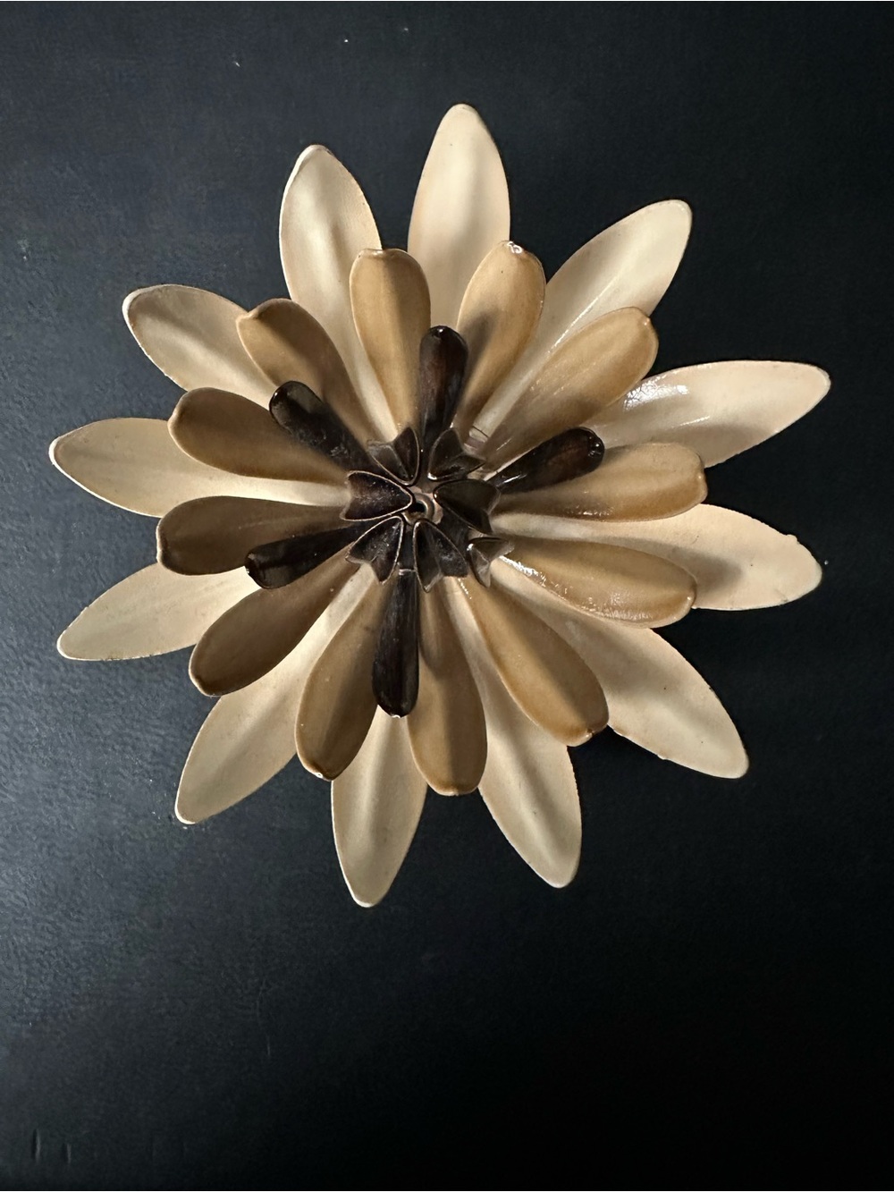 vintage dimensional layered flower brooch featuring cream and dark brown